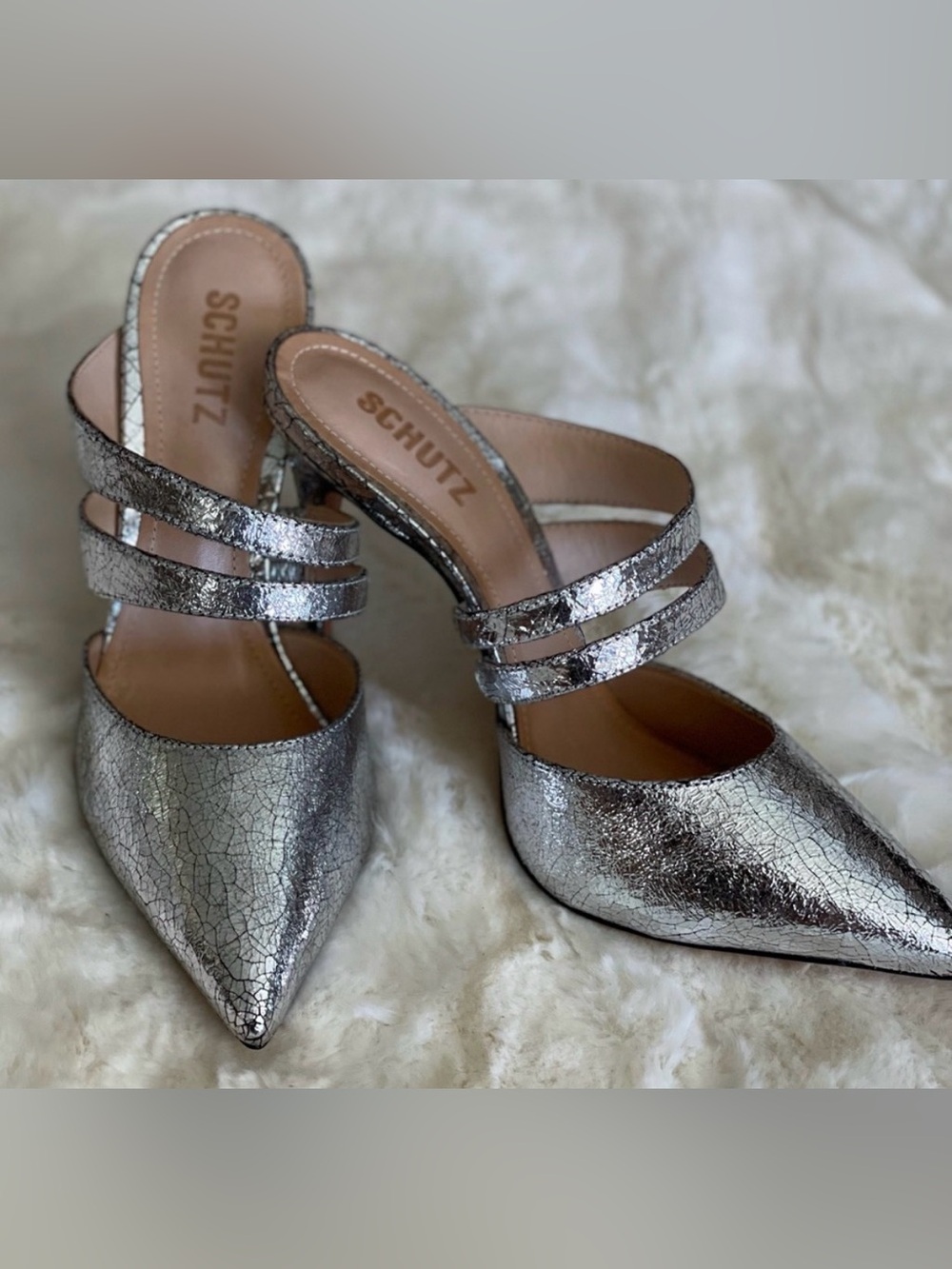 Schutz Kaela Silver Pointed Toe Strappy High Heel Mules 8.5